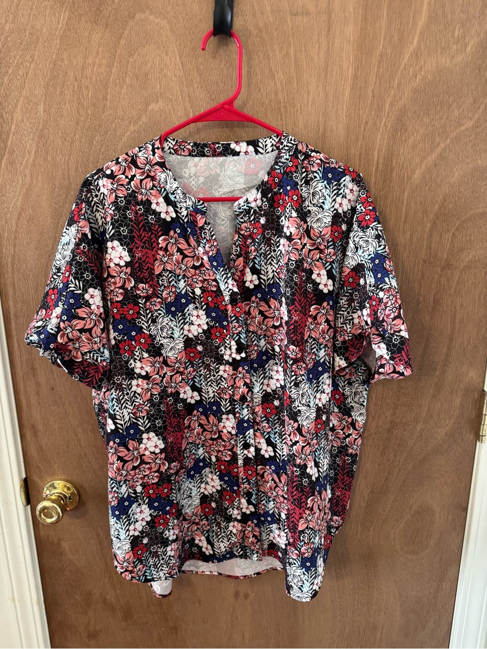 Floral Button-Front Blouse in Navy, Pink & White